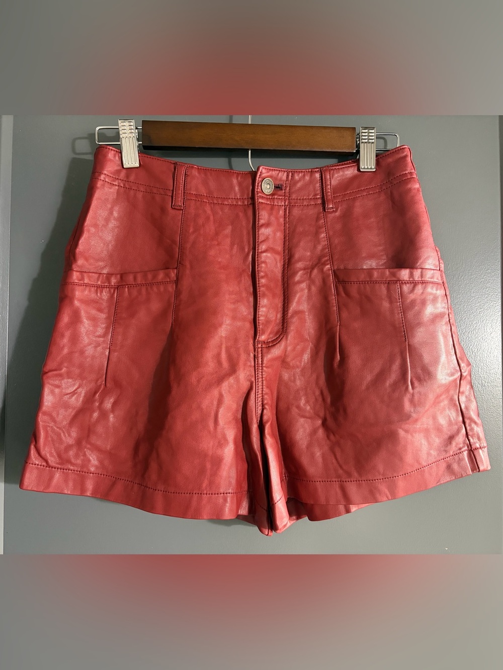 Free People Press Play Red Cognac Faux Leather Vegan Women’s Shorts Size 4